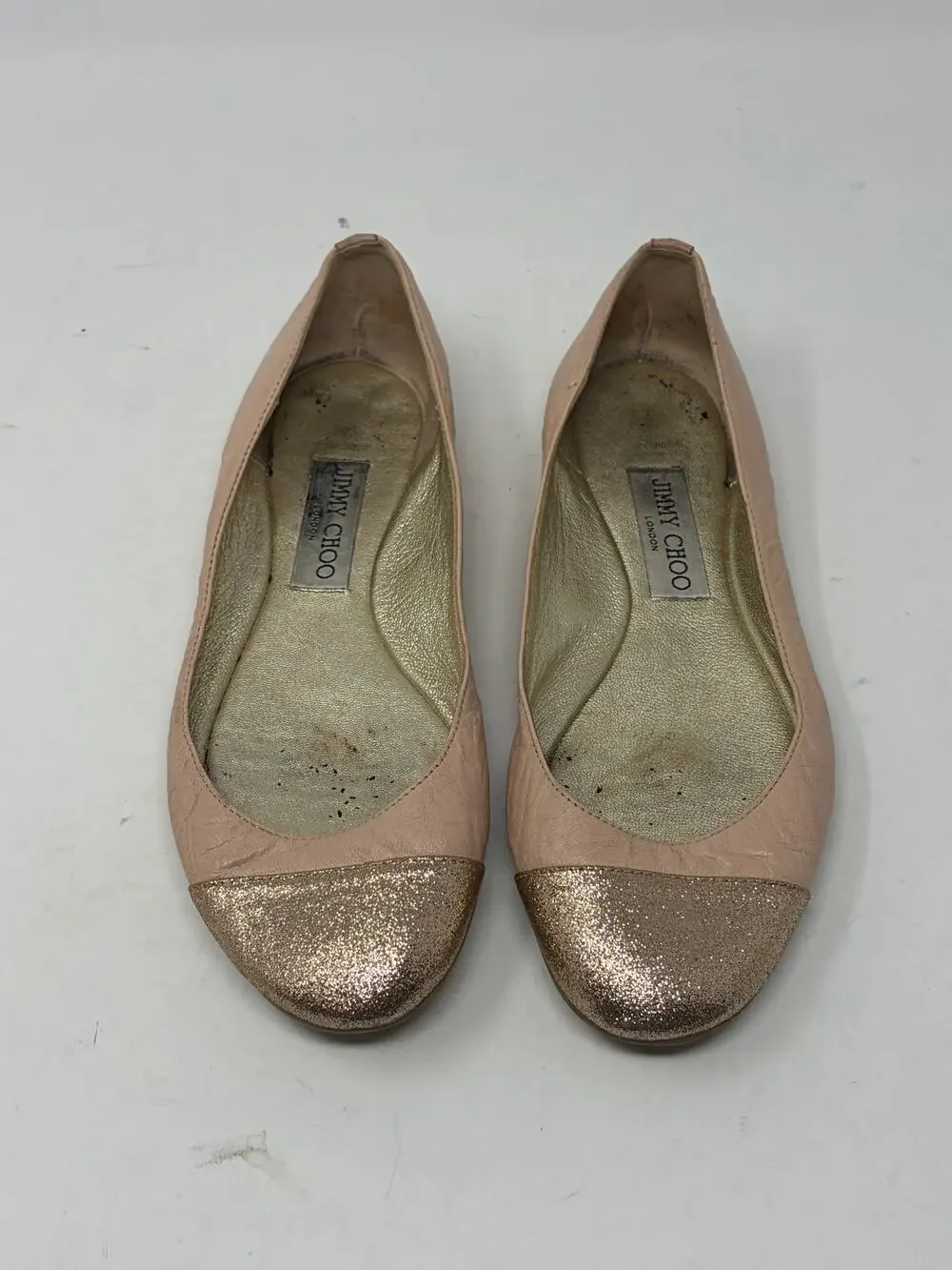 Jimmy Choo ballet flats 37 cap toe pink gold leather *flaws*